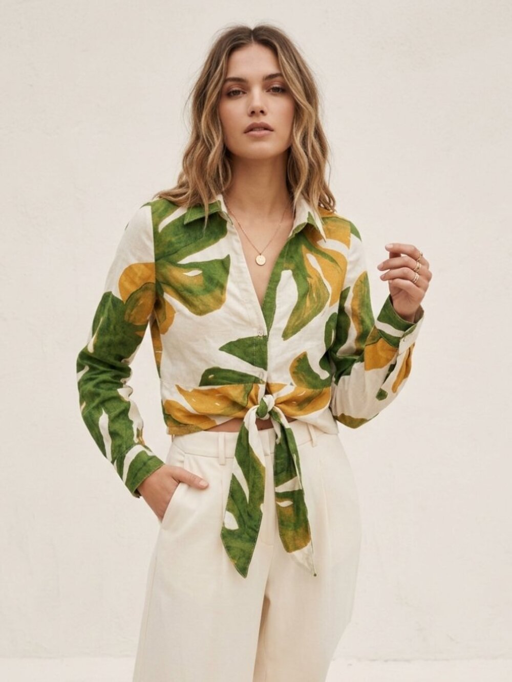 Rachel Zoe Linen Blend Monstera Leaf Tie Front Button Down Top Size Small